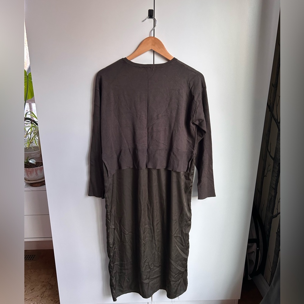 Reitmans Olive Long Sleeve Sweater and Satin Midi Dress
